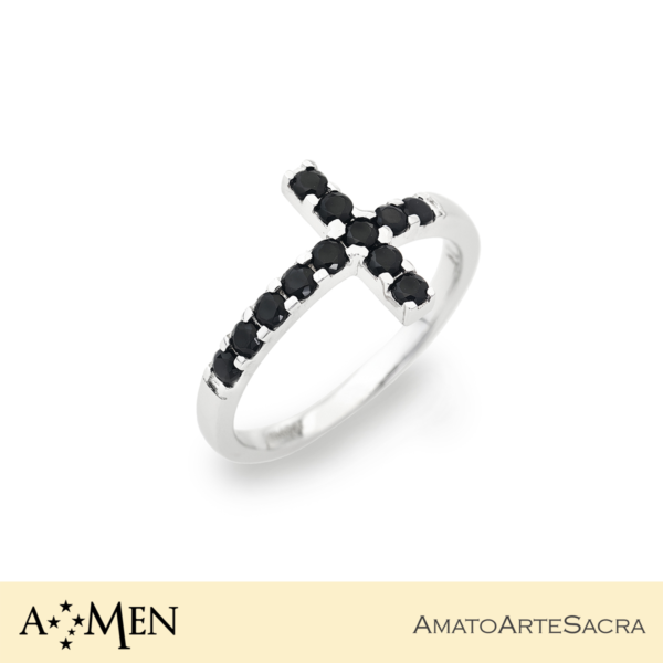 ANELLO CROCE E ZIRCONI NERI