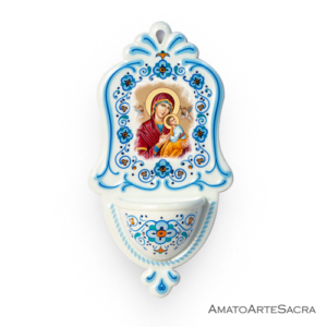 Acquasantiera Icona Madonna con Bambino in Plastica Tipo Ceramica Decorata