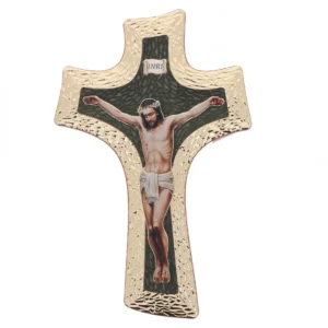 CROCE EFFETTO LEGNO IN POLIMERO CON CRISTO E ORO A CALDO CM 9,5X14
